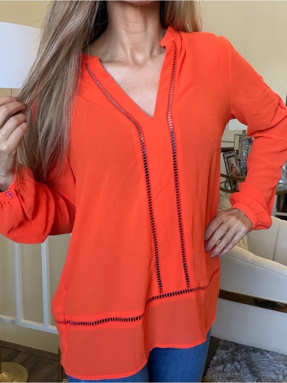 Michael Kors Mandarin Orange Pointelle Trim Long Sleeve Top V Neck Blouse M